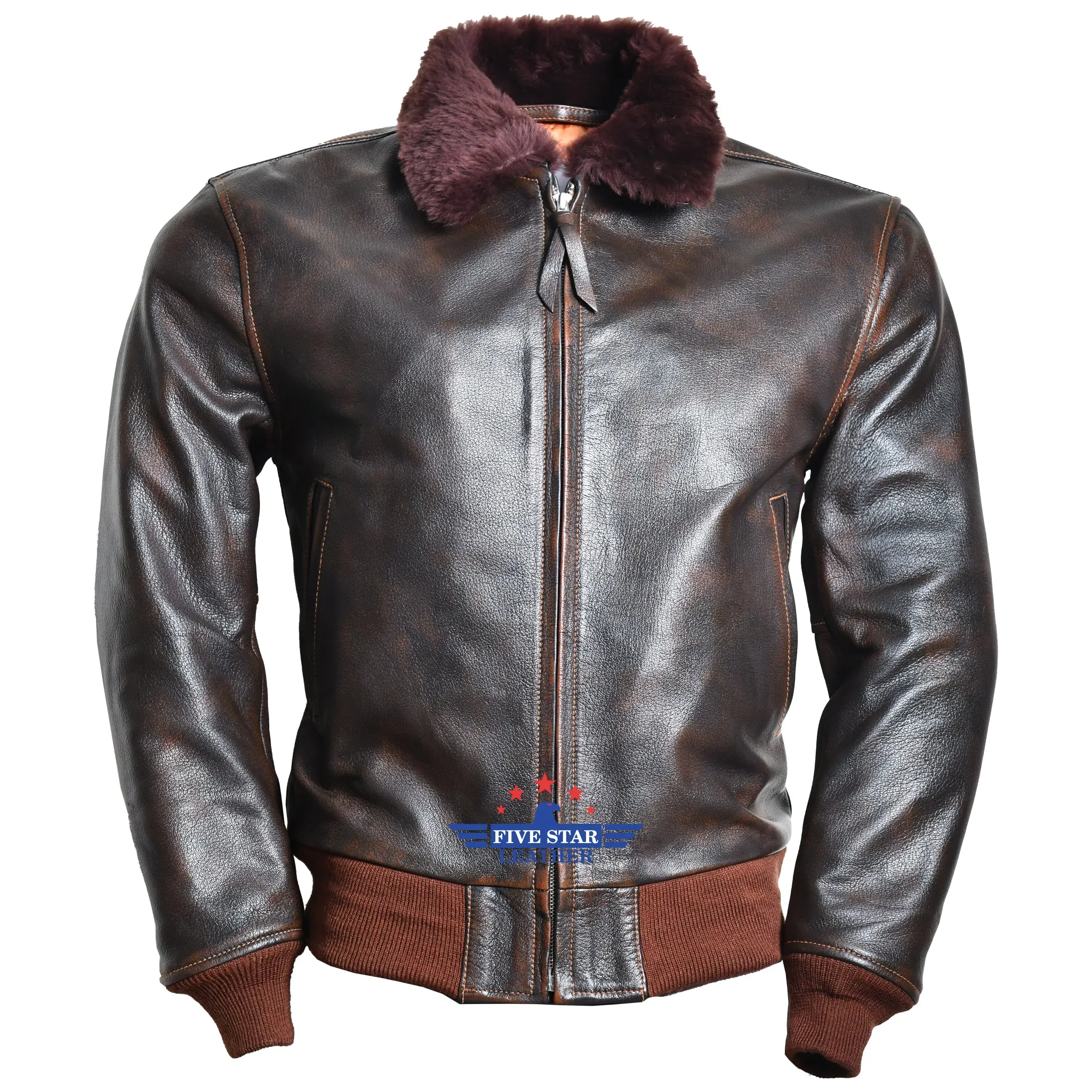 Men Real Goatskin Distressed Leather Jacket with Mouton Fur Collar Wind Breaker sold by Five Star Leather product image thumbnail 2