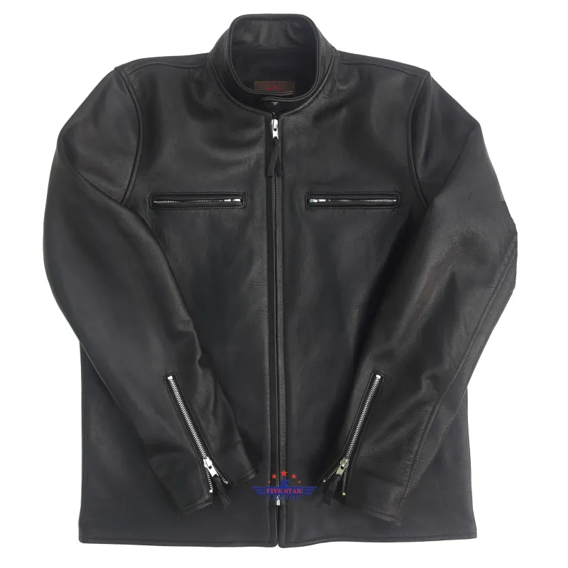 Mens Vintage Cafe Racer Black Geniune Goatskin Leather Slim Fit Racer Jacket sold by Five Star Leather