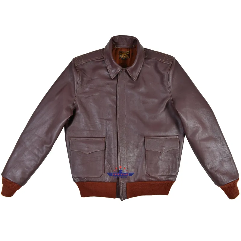 Men Type A2 Repro Bronco Military Flight Real Cowhide Leather Jacket Russet brown sold by Five Star Leather