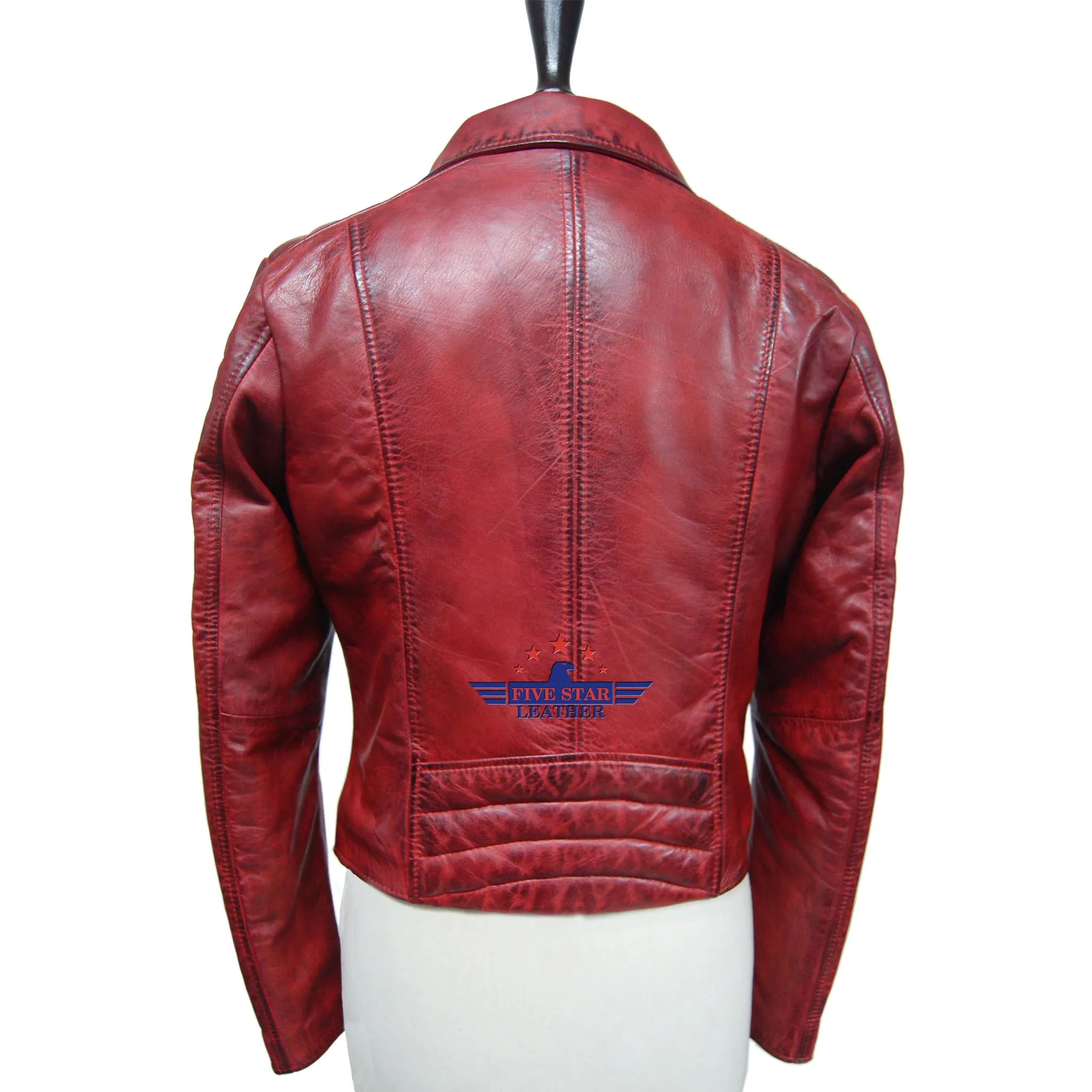Women Oxblood Real Sheep Leather Jacket Washed Distressed padded sold by Five Star Leather product image thumbnail 2