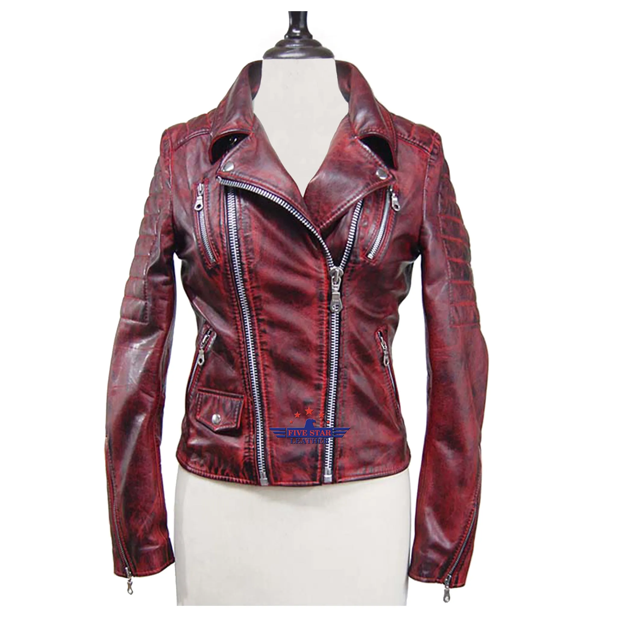 Women Oxblood Real Sheep Leather Jacket Washed Distressed padded sold by Five Star Leather