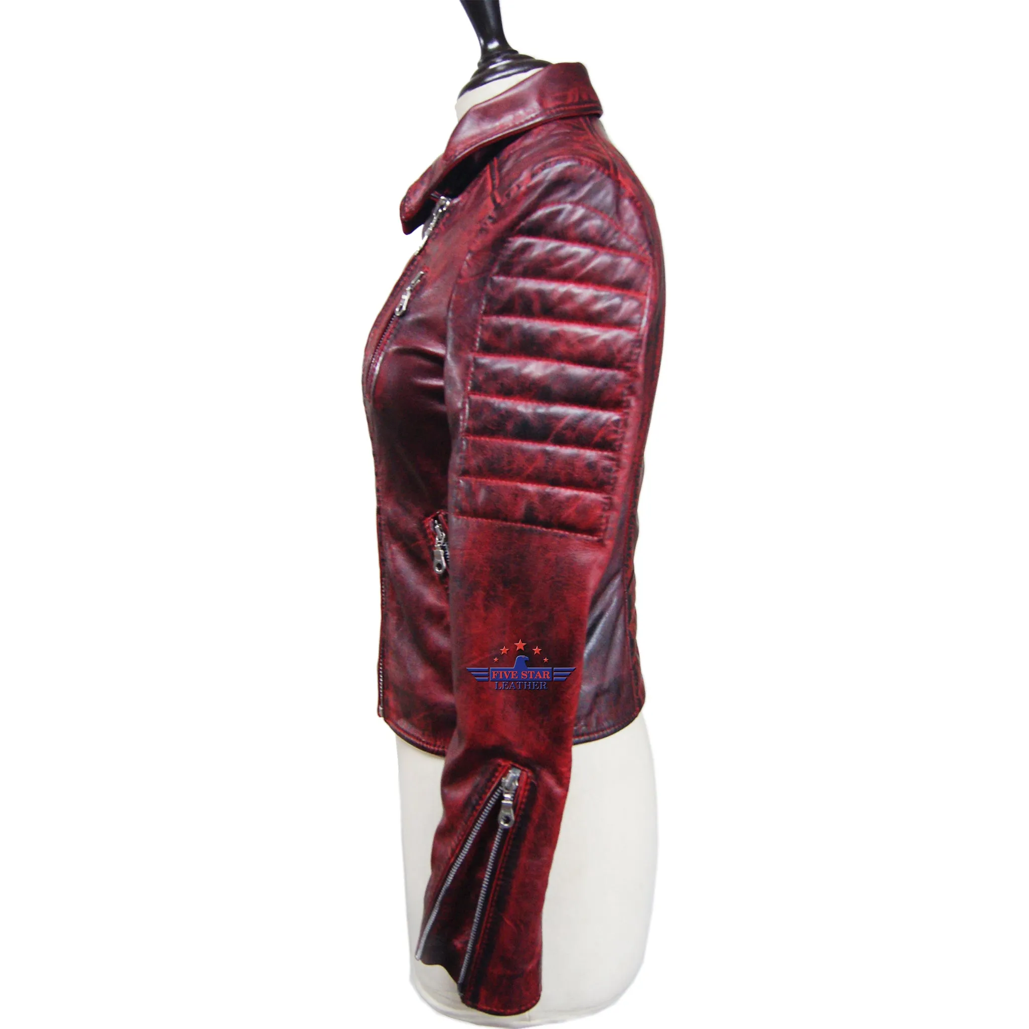 Women Oxblood Real Sheep Leather Jacket Washed Distressed padded sold by Five Star Leather product image thumbnail 5