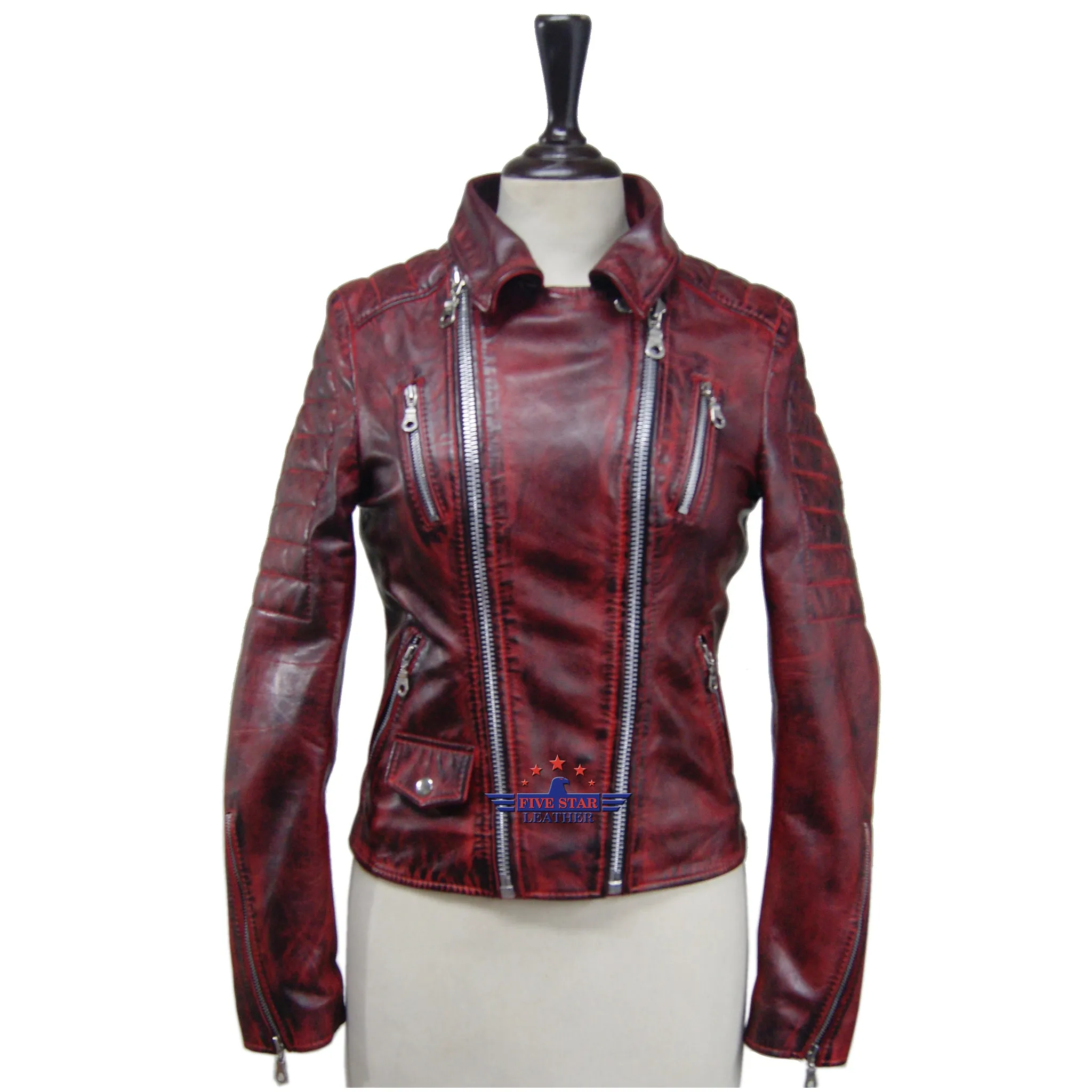 Women Oxblood Real Sheep Leather Jacket Washed Distressed padded sold by Five Star Leather product image thumbnail 3