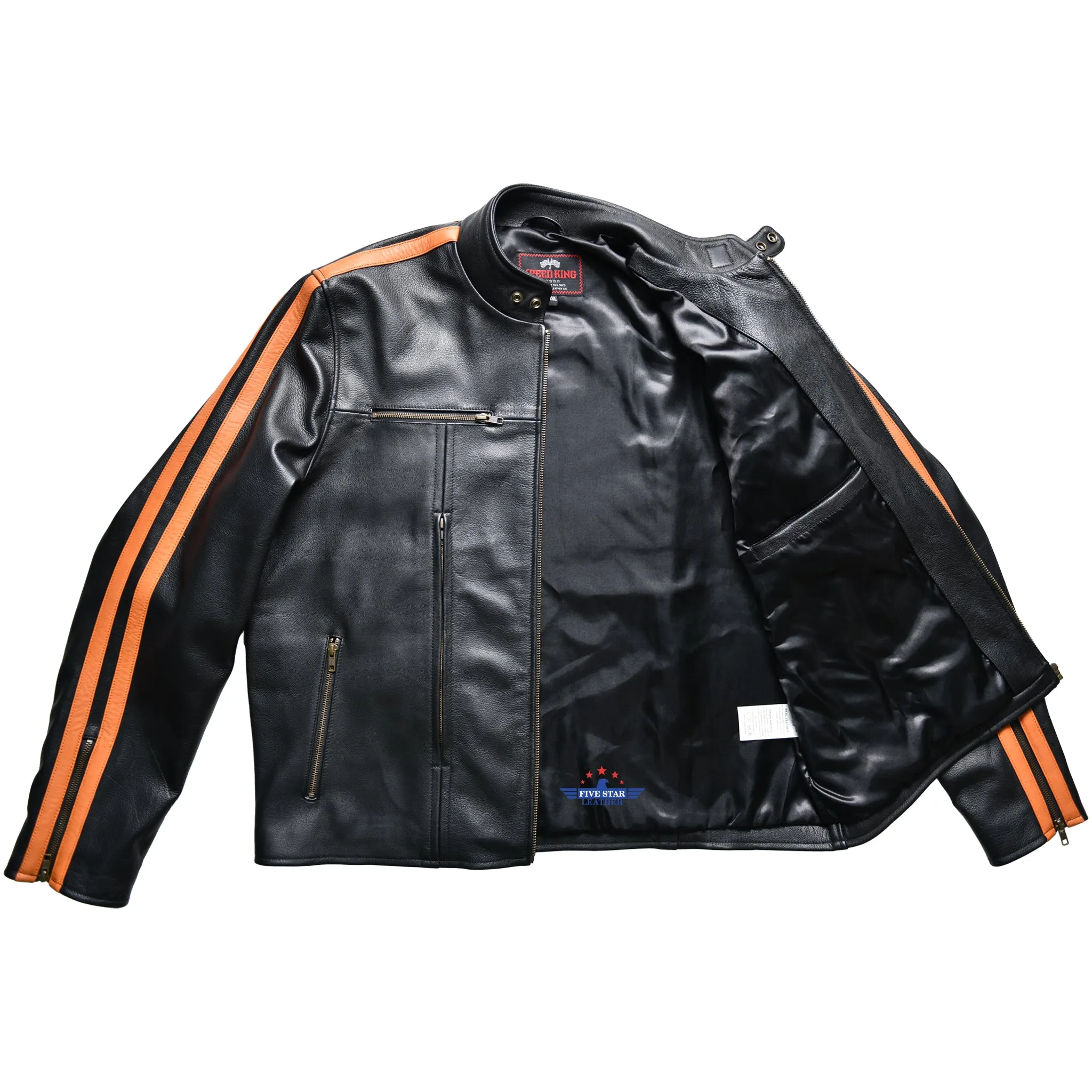 FiveStar Leather Men Sportswear Speed King Jacket Black Goatskin & Orange Stripes sold by Five Star Leather product image thumbnail 2
