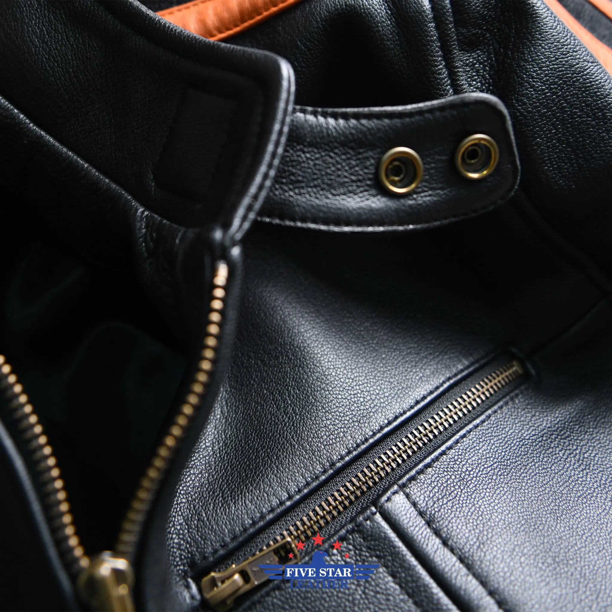 FiveStar Leather Men Sportswear Speed King Jacket Black Goatskin & Orange Stripes sold by Five Star Leather product image thumbnail 3