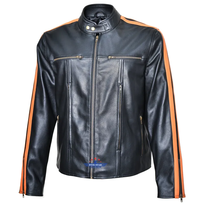 FiveStar Leather Men Sportswear Speed King Jacket Black Goatskin & Orange Stripes sold by Five Star Leather