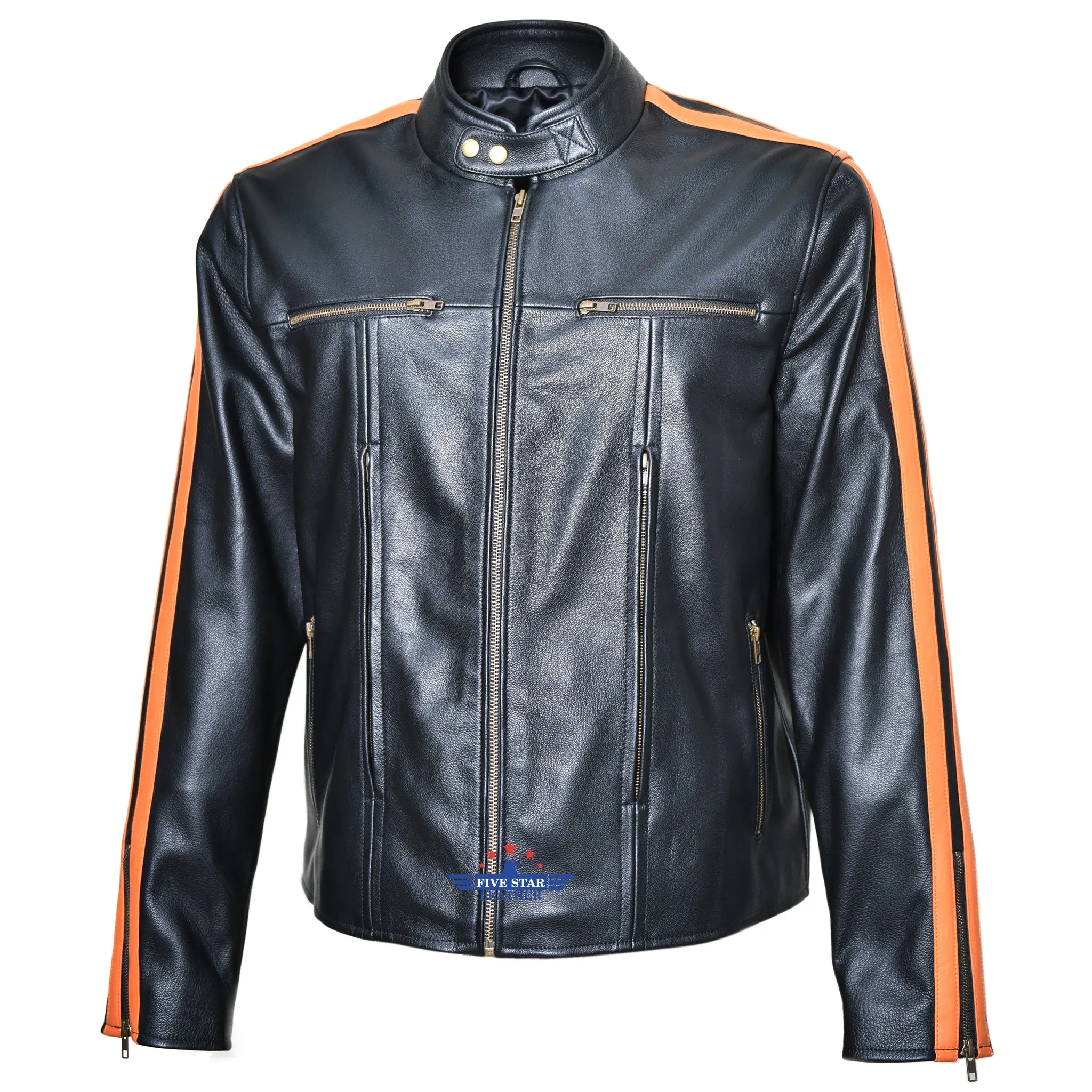 FiveStar Leather Men Sportswear Speed King Jacket Black Goatskin & Orange Stripes sold by Five Star Leather