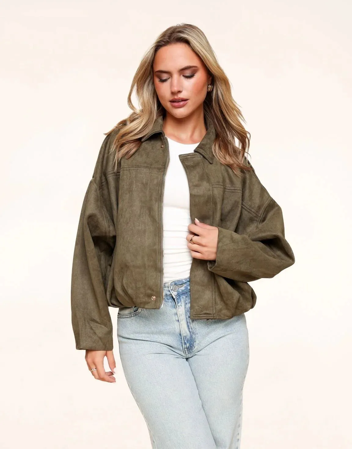 Khaki Suede Bomber Jacket sold by Eyisa product image thumbnail 3