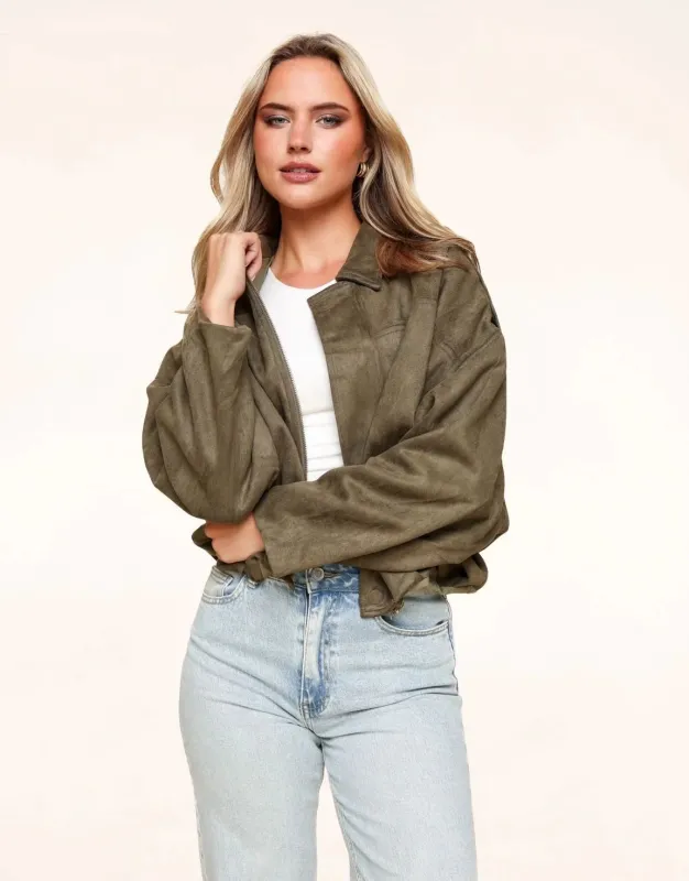 Khaki Suede Bomber Jacket sold by Eyisa