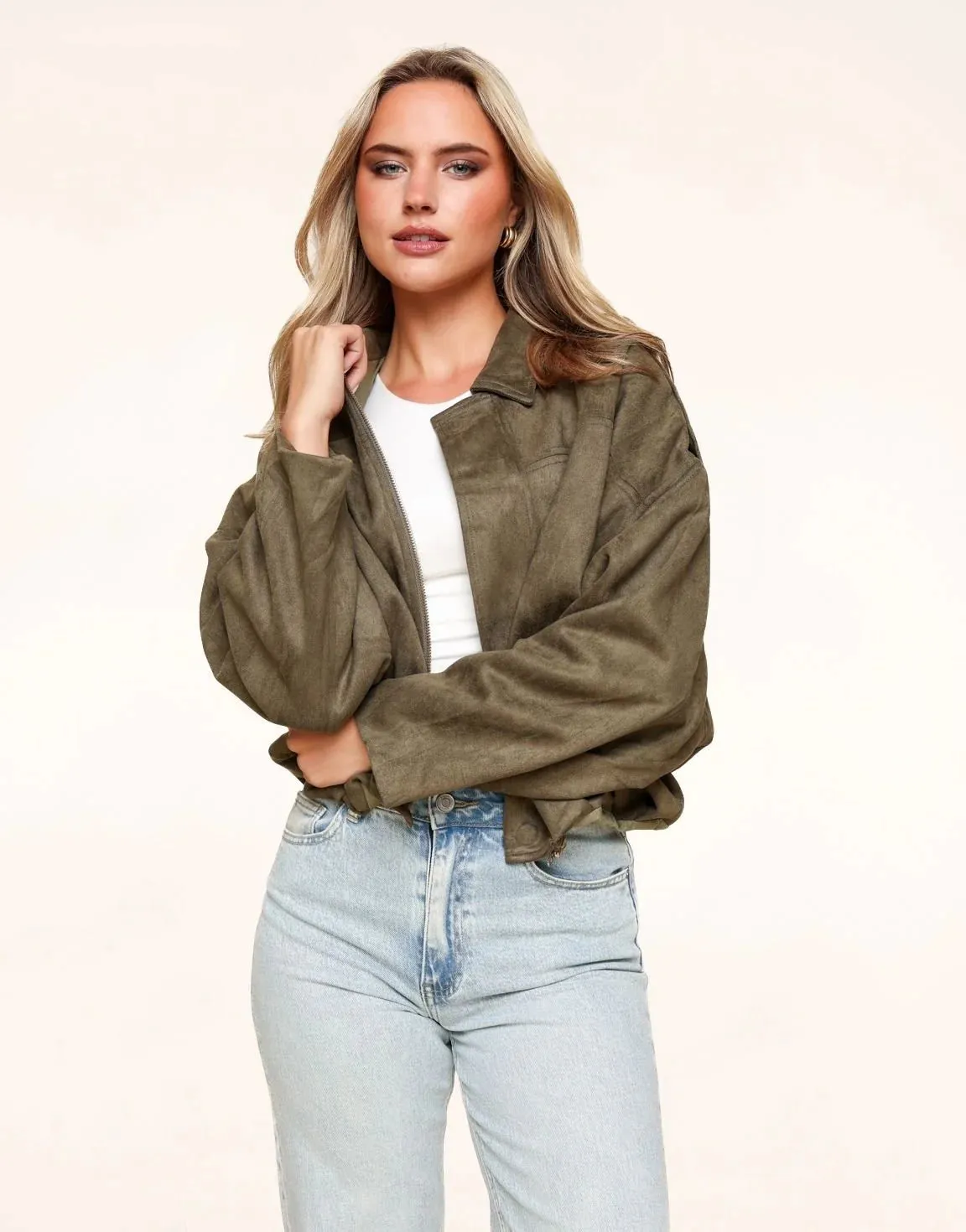 Khaki Suede Bomber Jacket sold by Eyisa