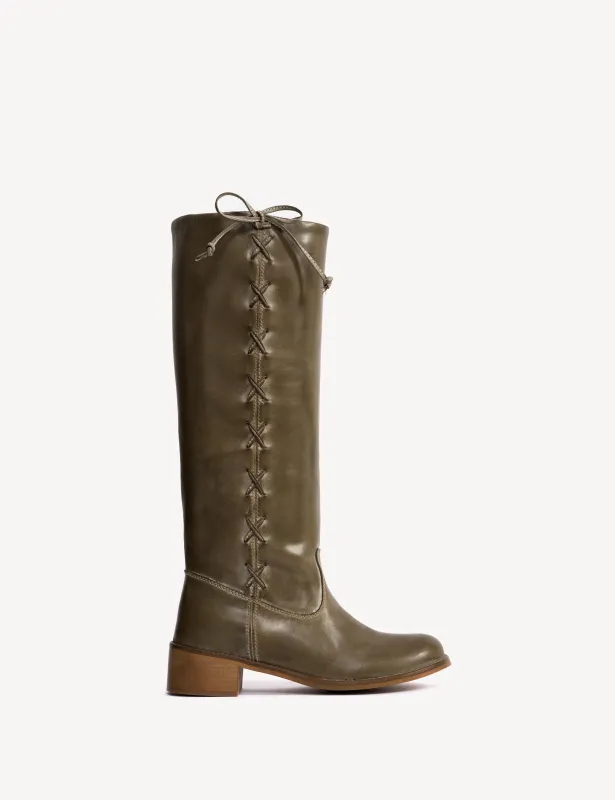 Ann Gaucho Boot With Laces In Army Green Escovado Leather sold by DICO Copenhangen