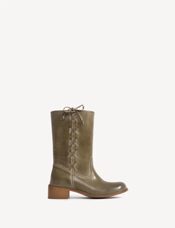 Julia Gaucho Boot With Laces In Army Green Escovado Leather sold by DICO Copenhangen