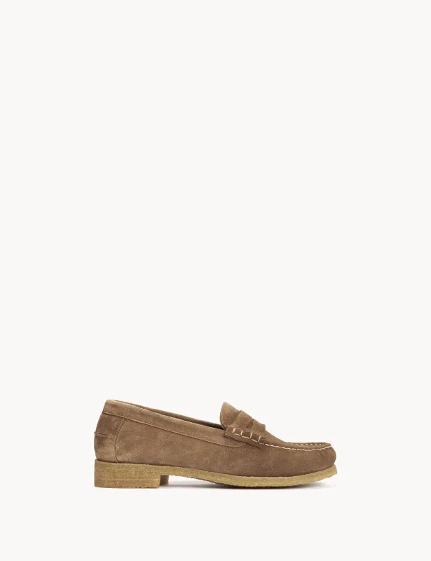 Moccasin Penny Loafer In Honey Calf Suede With A Crepe Sole sold by DICO Copenhangen