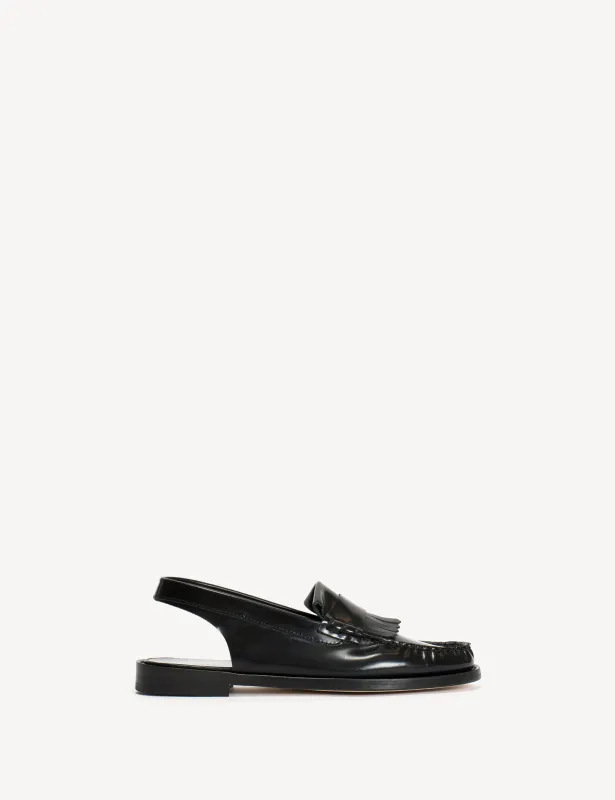Slingback Moccasin Loafer With Fringes In Black Polido Leather sold by DICO Copenhangen