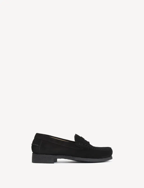Moccasin Penny Loafer In Black Calf Suede With A Crepe Sole sold by DICO Copenhangen