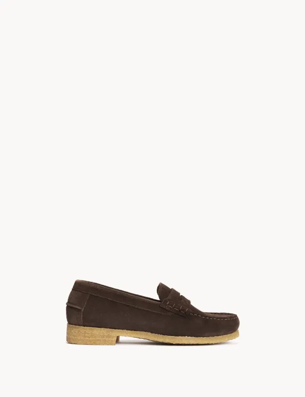 Moccasin Penny Loafer In Sigaro Calf Suede With A Crepe Sole sold by DICO Copenhangen