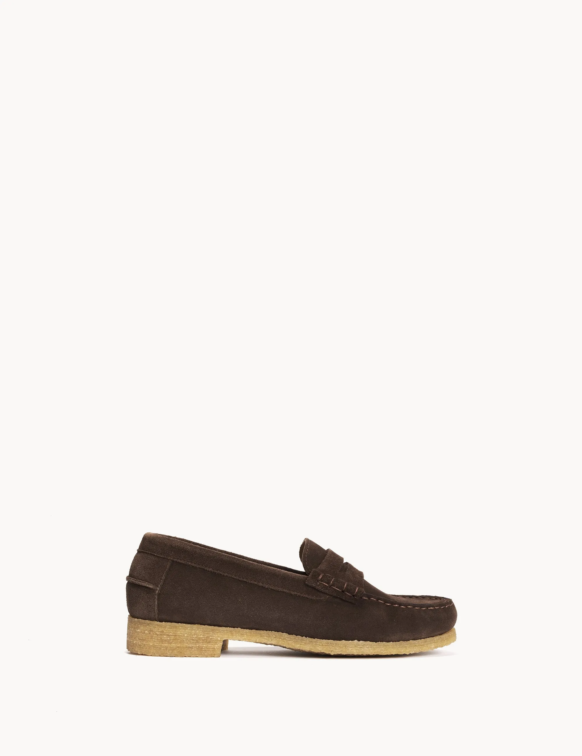 Moccasin Penny Loafer In Sigaro Calf Suede With A Crepe Sole sold by DICO Copenhangen
