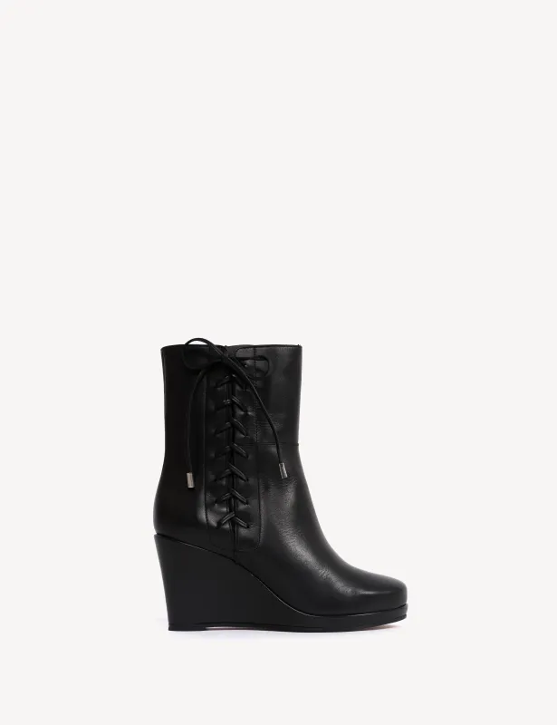 Liv Wedge Ankle Boot With Side Laces In Black Calfskin made by DICO Copenhangen