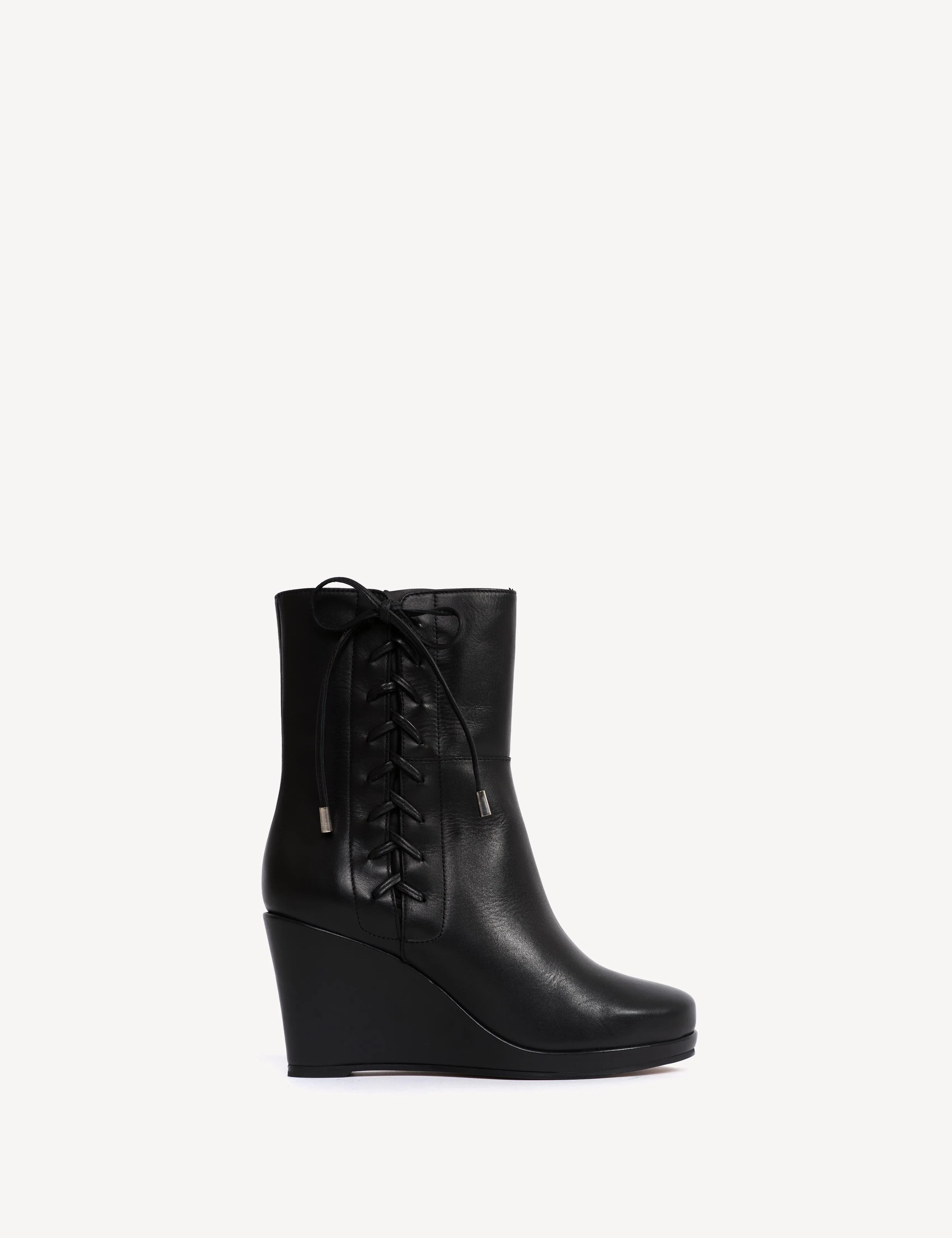 Liv Wedge Ankle Boot With Side Laces In Black Calfskin sold by DICO Copenhangen