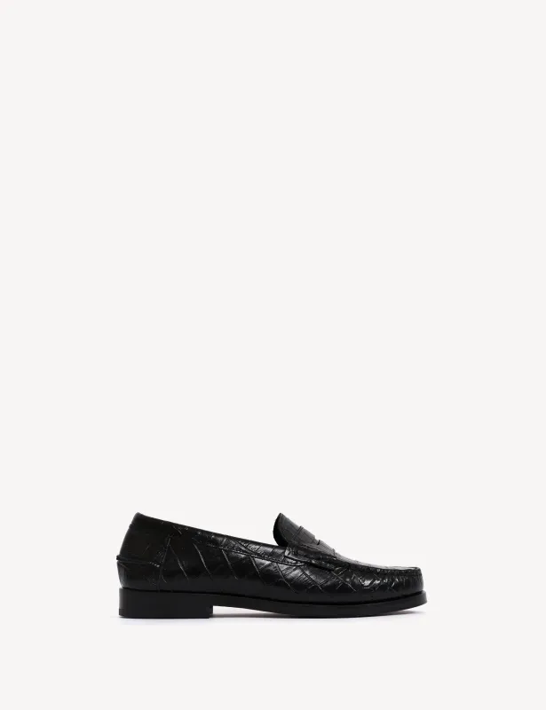 Moccasin Penny Loafer In Black Crocodile Stamped Calfskin sold by DICO Copenhangen
