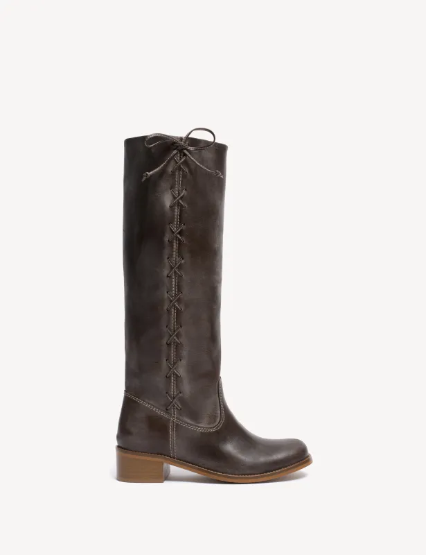 Ann Gaucho Boot With Laces In Dark Brown Escovado Leather sold by DICO Copenhangen