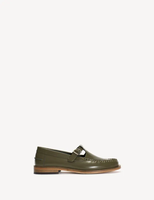 Moccasin T-Bar Loafer In Olive Polido Leather sold by DICO Copenhangen