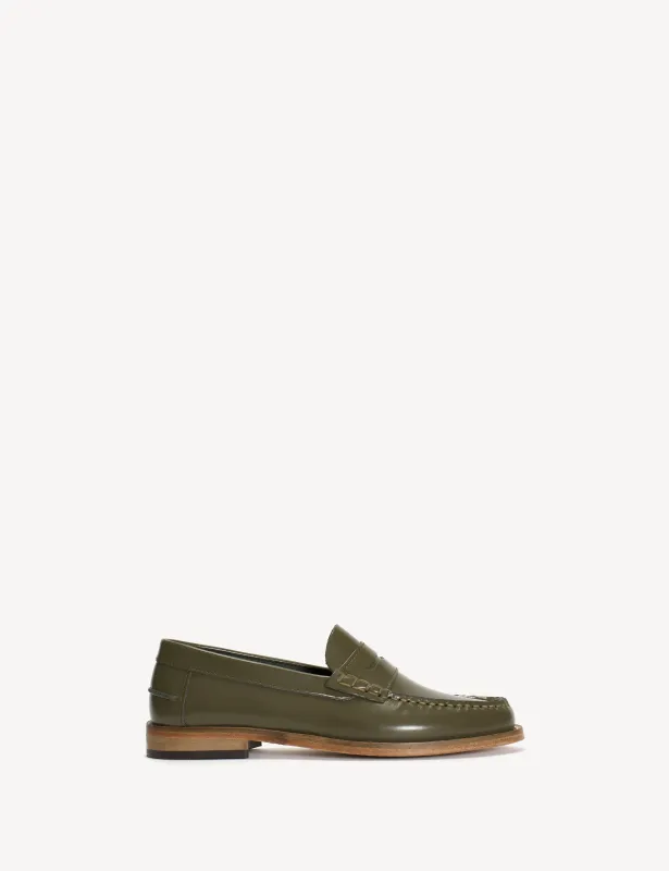 Moccasin Penny Loafer In Olive Polido Leather sold by DICO Copenhangen