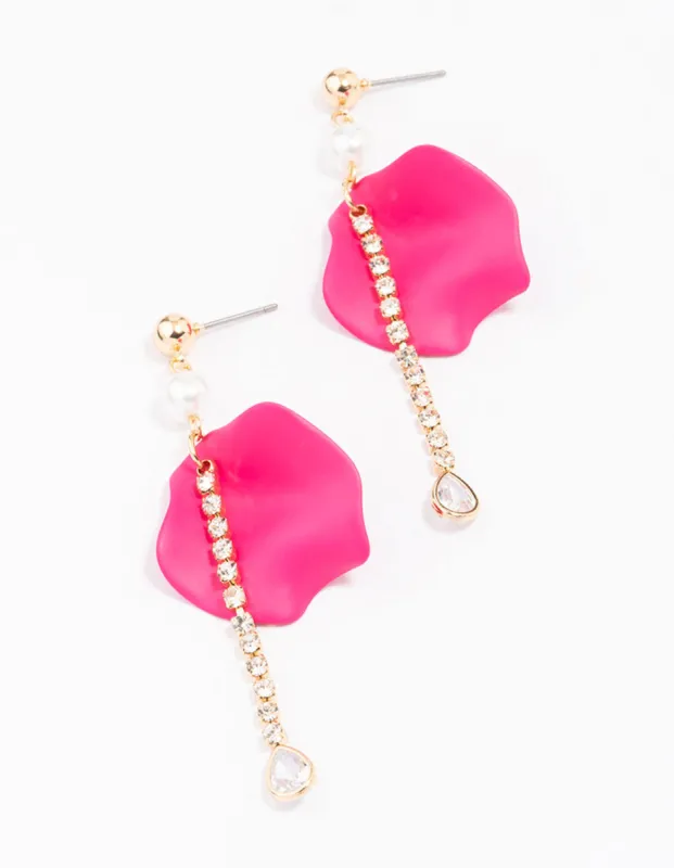 Gold & Pink Iridescent Petal Chain Drop Earrings sold by lovisa