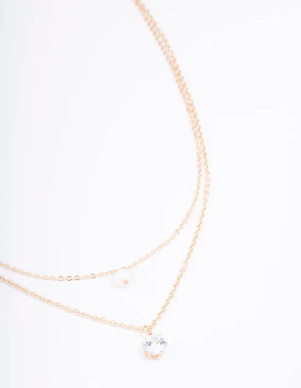 Gold Double Chain Pearl & Diamante Necklace sold by lovisa