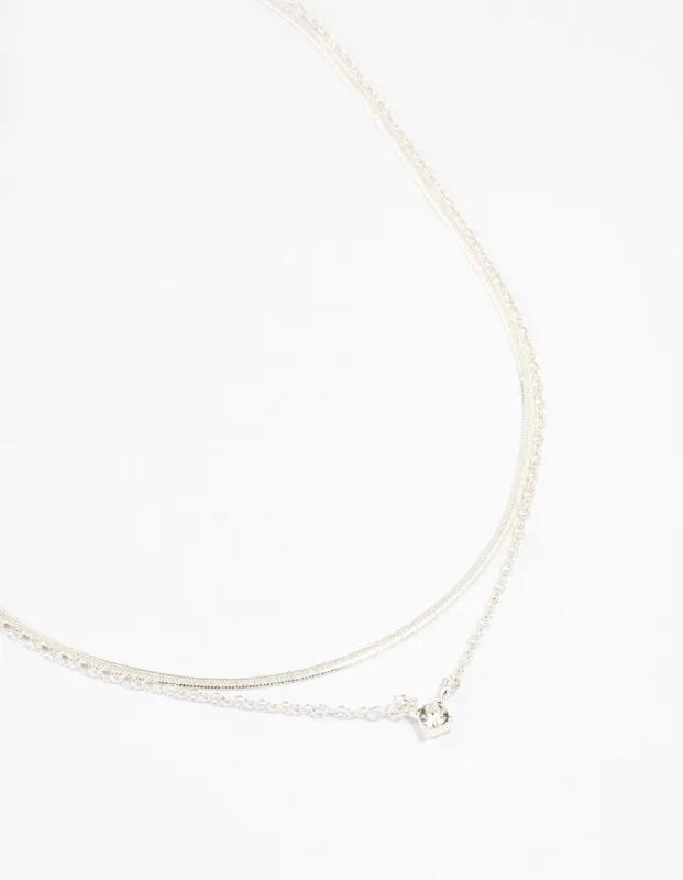 Silver Double Diamante Slinky Chain Layered Necklace sold by lovisa
