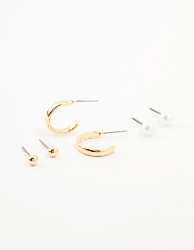 Gold Pearl Stud And Hoop Earrings 3-Pack sold by lovisa