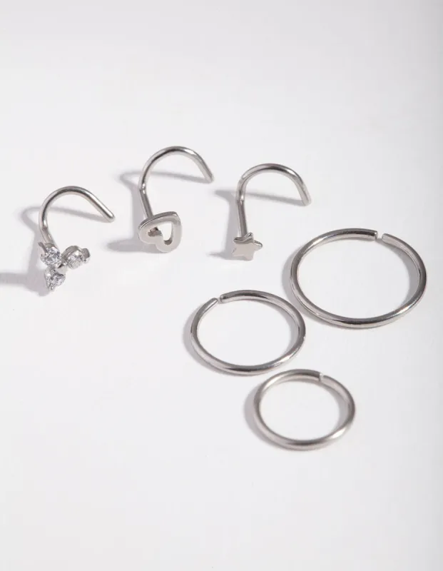 Rhodium 3-Diamante Motif Nose Piercing 6-Pack sold by lovisa