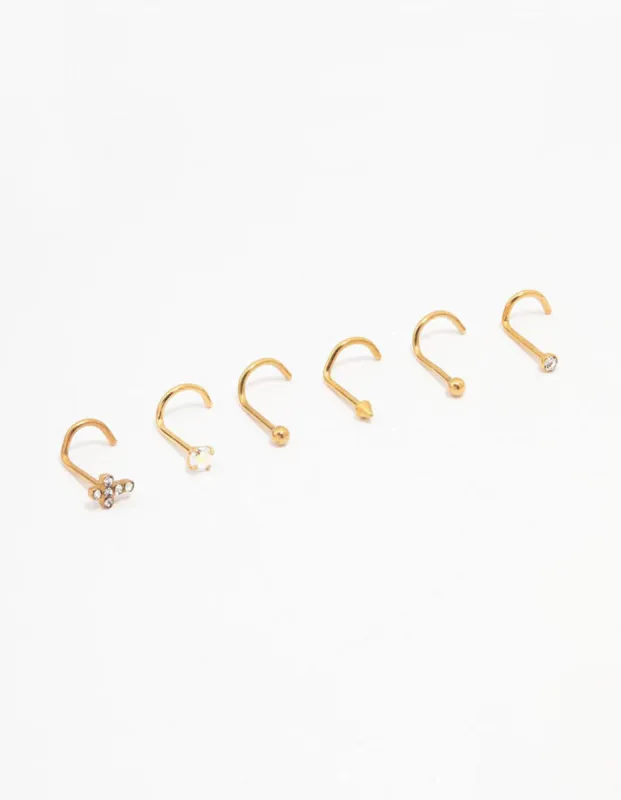 Gold Plated Surgical Steel Diamante Cross Nose Piercing 6-Pack sold by lovisa