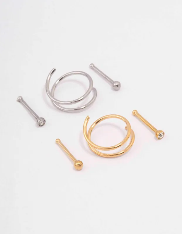 Surgical Steel Two-Toned Spiral Stud Crystal Nose Stud 6-Pack sold by lovisa