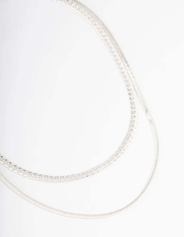 Silver Plated Herringbone & Snake Chain Multi Row Necklace sold by lovisa