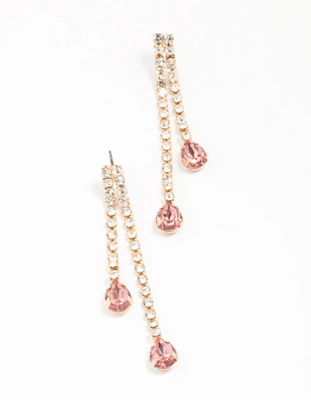 Gold Double Cupchain Pink Pear Drop Earrings sold by lovisa