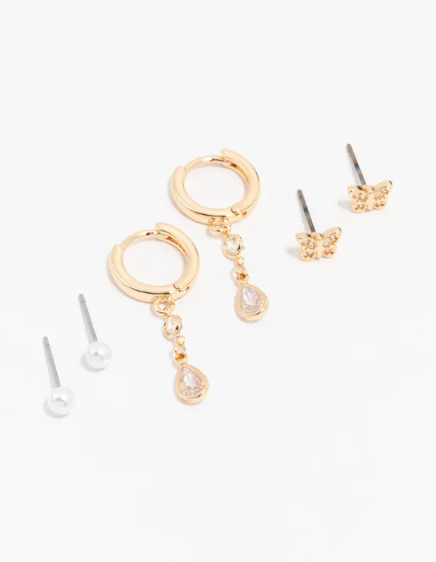 Gold Cubic Zirconia Pearl & Butterfly Mixed Earring 3-Pack sold by lovisa