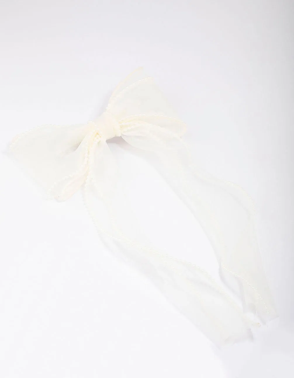 White Organza Fabric Pearl Twist Bow Hair Clip sold by lovisa