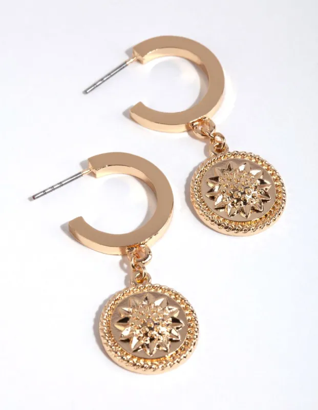 Gold Sunflower Coin Huggie Earrings sold by lovisa