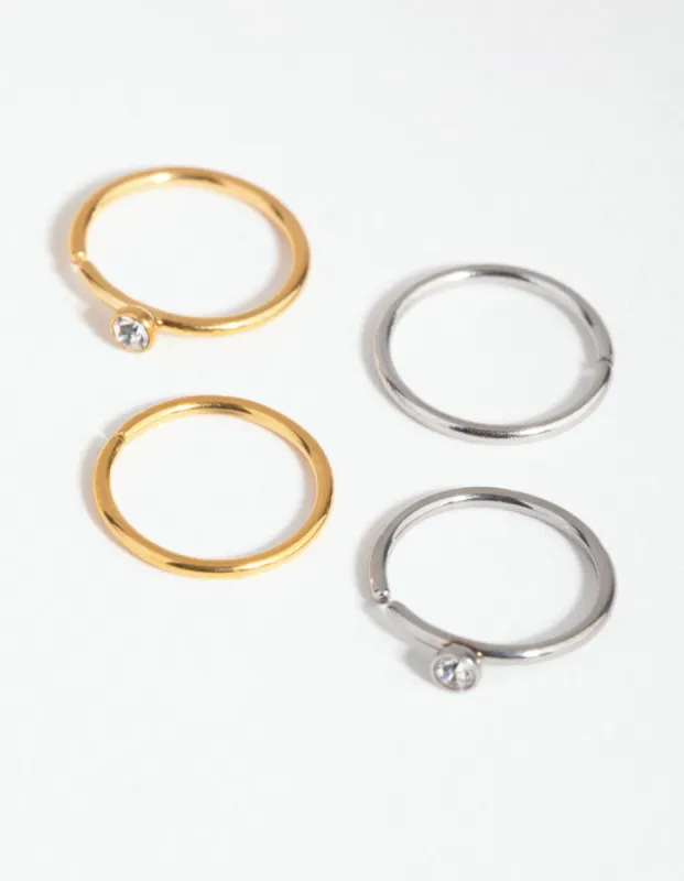 Mixed Metal Surgical Steel Diamante Top Nose Ring 4-Pack sold by lovisa