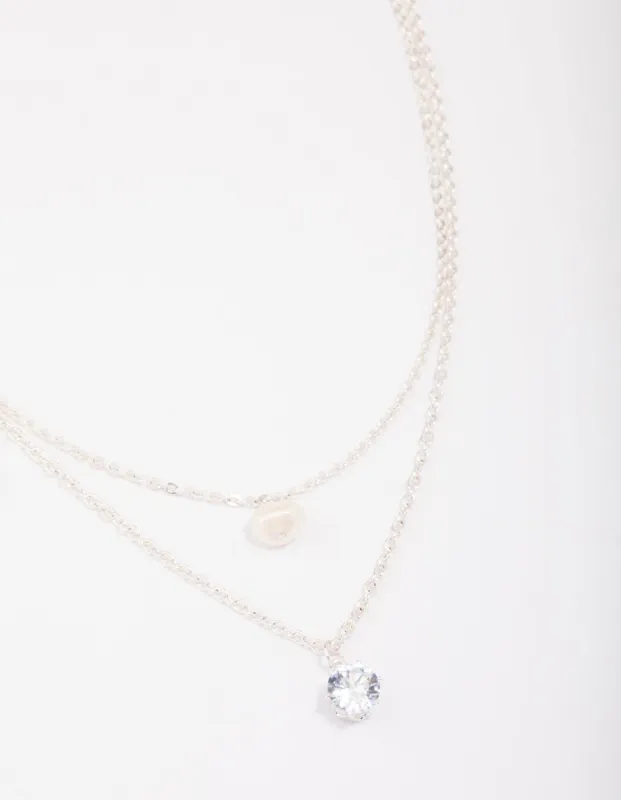Silver Double Chain Pearl & Diamante Necklace sold by lovisa