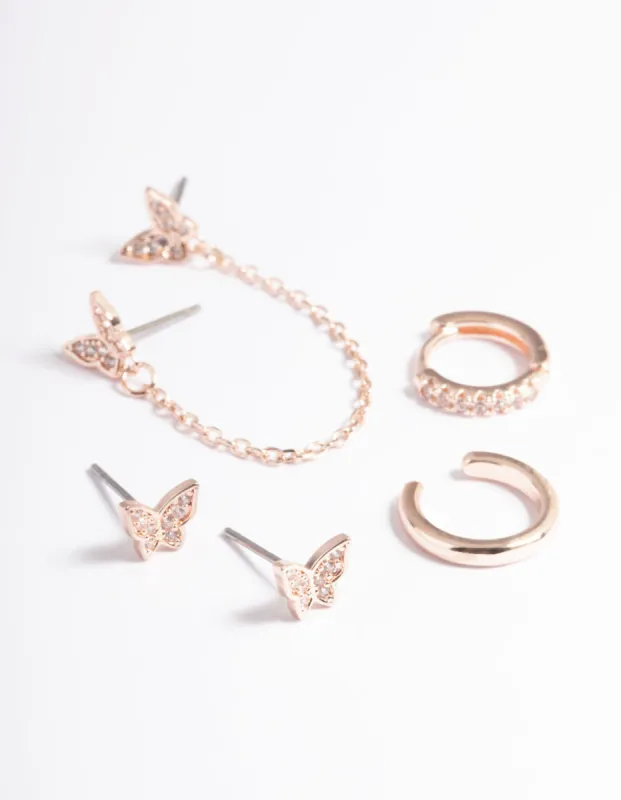 Rose Gold Plated Butterfly Chain 6-Pack Earrings sold by lovisa