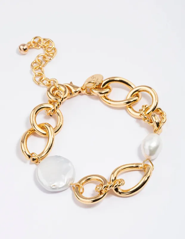 Gold Plated Large Open Chain Freshwater Pearl Bracelet sold by lovisa