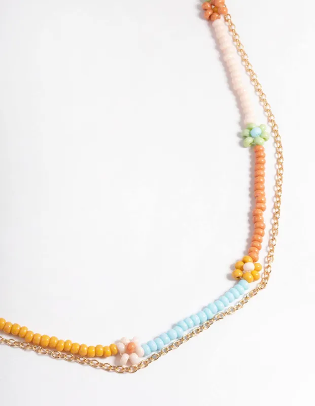 Gold Multicoloured Flower Bead & Chain 2-Row Necklace sold by lovisa