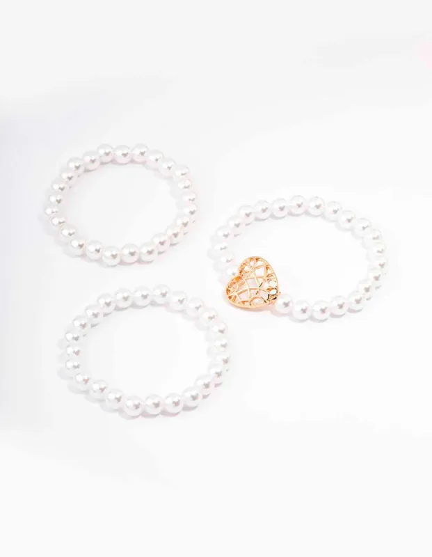 Gold Heart Pearl Bracelet 3-Pack sold by lovisa