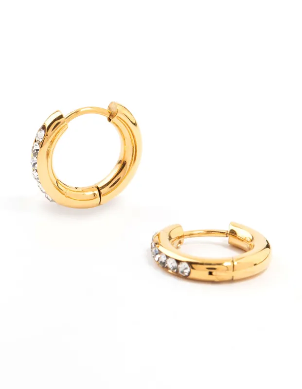 Waterproof Gold Plated Stainless Steel Round Diamante Clicker Hoop Earrings sold by lovisa