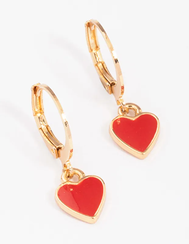 Gold & Red Heart Huggie Hoop Earrings sold by lovisa