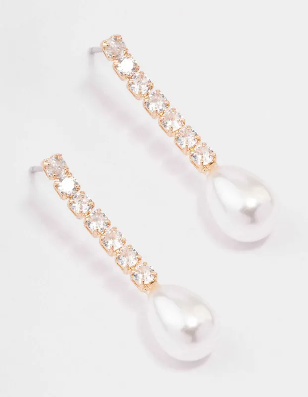 Gold Cubic Zirconia Pearl Drop Earrings sold by lovisa