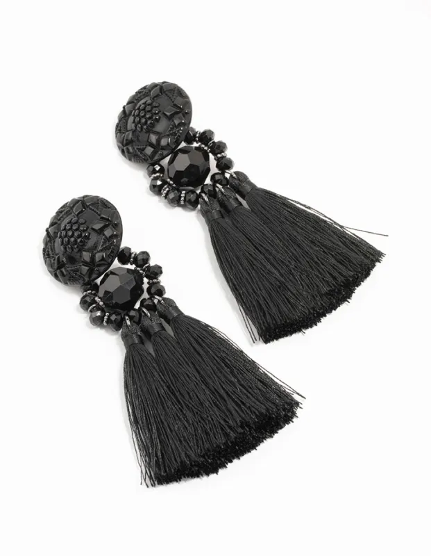Black Tassel Fabric Large Drop Earrings sold by lovisa