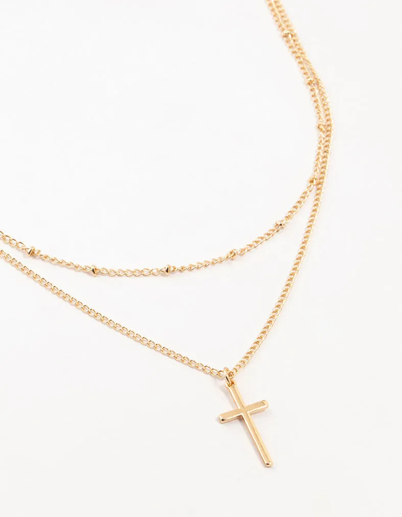 Gold Ball Chain & Cross Layered Necklace sold by lovisa